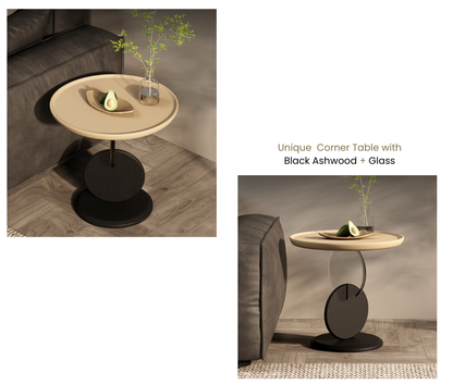 Modern Side Table in Black Ash wood + Glass + PU Finish